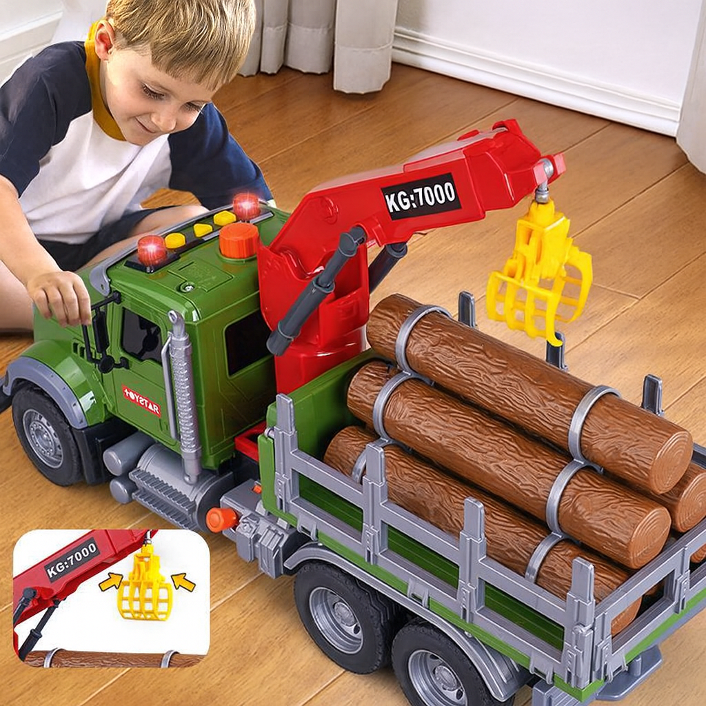 Oversized Timber Transport Toy Truck with Crane